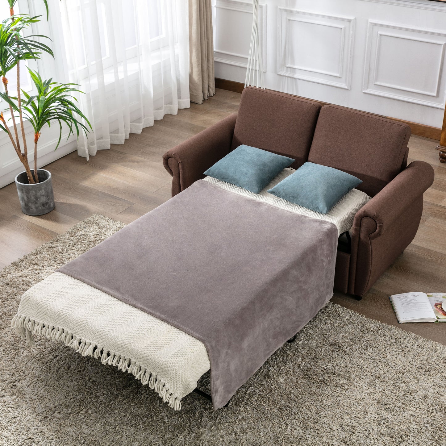 57.5" Pull Out Sofa Bed Loveseat Sleeper with Twin Size Memory Mattress for Living Room Spaces, Brown