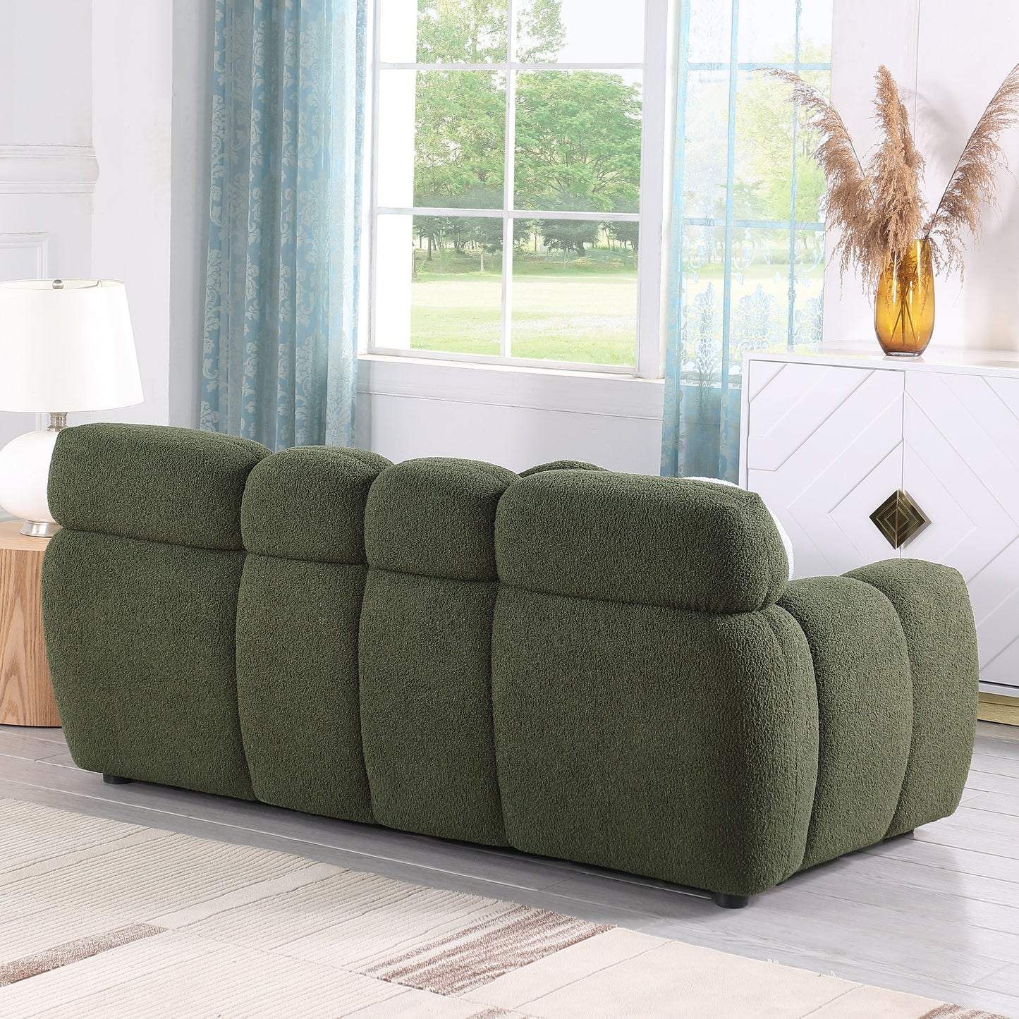 87.4 length,35.83" deepth,human body structure for USA people, marshmallow sofa,boucle sofa,3 seater, OLIVE GREEN BOUCLE