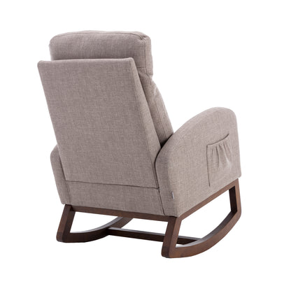 Rocking Chair, Modern Glider Chair, Recliner Armchair with Wood Legs and Side Pocket, Nursery Rocking Accent Chair with High Back for Living Room Bedroom (Grey linen)