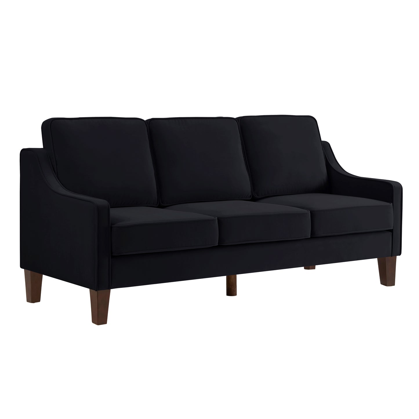 Modern 3 Person seat Sofa Couch with Scooped Armrest/Wood legs,Upholstered Velvet 3-seat Sofa with Removable Cushions for Livingroom Bedroom,Black