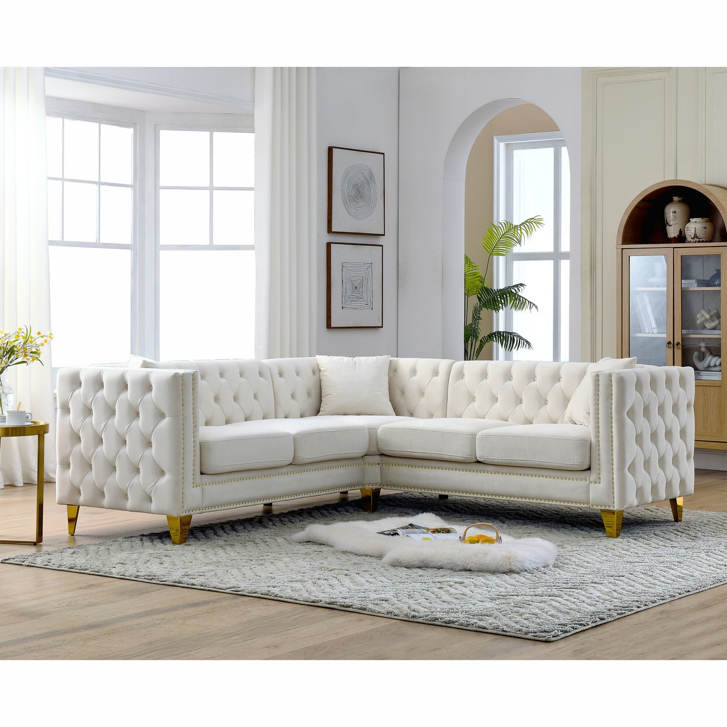 82.2-Inch Velvet Corner Sofa, L-Shaped Sectional Couch, 5-Seater Corner Sofas with 3 Cushions for Living Room, Bedroom, Apartment, Office