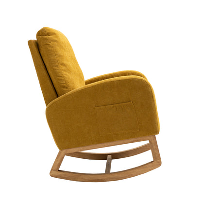 Rocking Chair, Modern Glider Chair, Recliner Armchair with Wood Legs and Side Pocket, Nursery Rocking Accent Chair with High Back for Living Room Bedroom (Mustard Yellow linen)