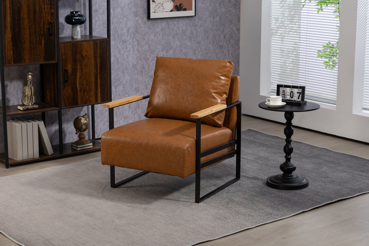 Leather Accent Chair Guest Chair for Living Room, Mid Century Armchair for Bedroom (Brown Leather)