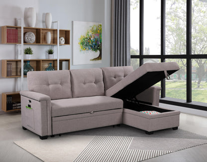 84" Light Gray Reversible Sleeper Sectional Sofa with Storage Chaise, USB Charging Ports and Pocket