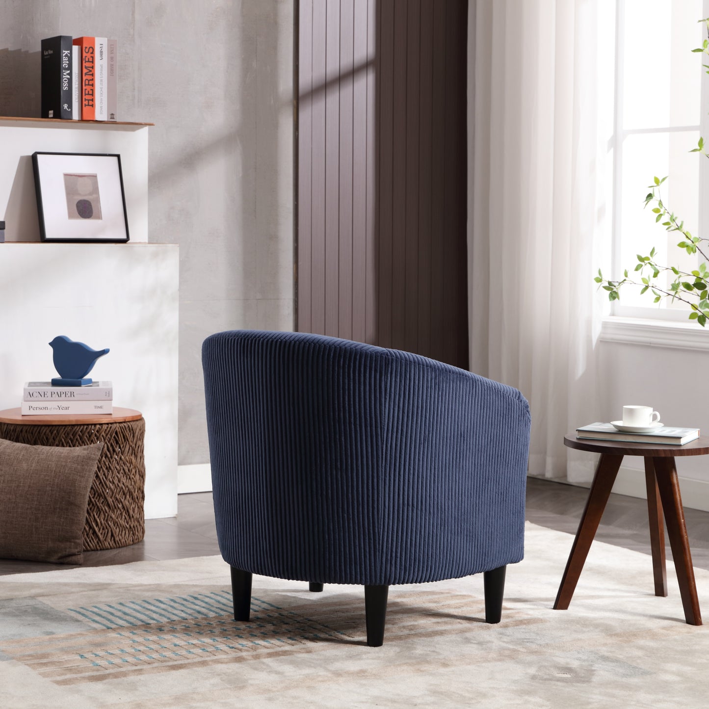 Living Room Accent Barrel Chair, Century Modern Style Decorative Chair, Armchair for Living Room with Thick Cushions and Pillows, Comfy Single Sofa Chair, Chair with Wooden Legs,Blue