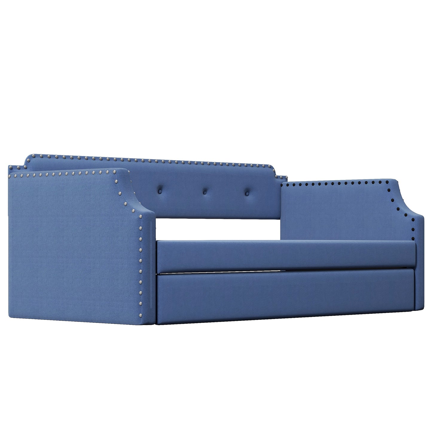 Upholstered Daybed with Trundle, Wood Slat Support,Upholstered Frame Sofa Bed, Twin,Blue