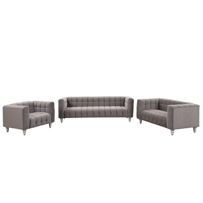 Modern 3-piece sofa set with solid wood legs, buttoned tufted backrest, Dutch fleece upholstered sofa set including three-seater sofa, double seat and living room furniture set single chair, gray