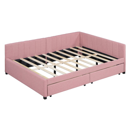 Full Size Upholstered Daybed with 2 Storage Drawers Sofa Bed Frame No Box Spring Needed, Linen Fabric (Pink)