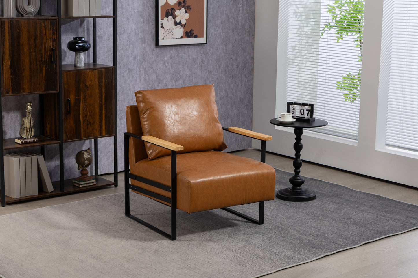 Leather Accent Chair Guest Chair for Living Room, Mid Century Armchair for Bedroom (Brown Leather)