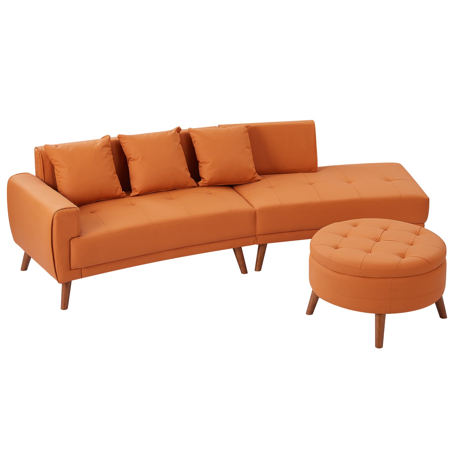 107" Contemporary Sofa Stylish Sofa Couch with a Round Storage Ottoman and Three Removable Pillows for Living Room, Orange