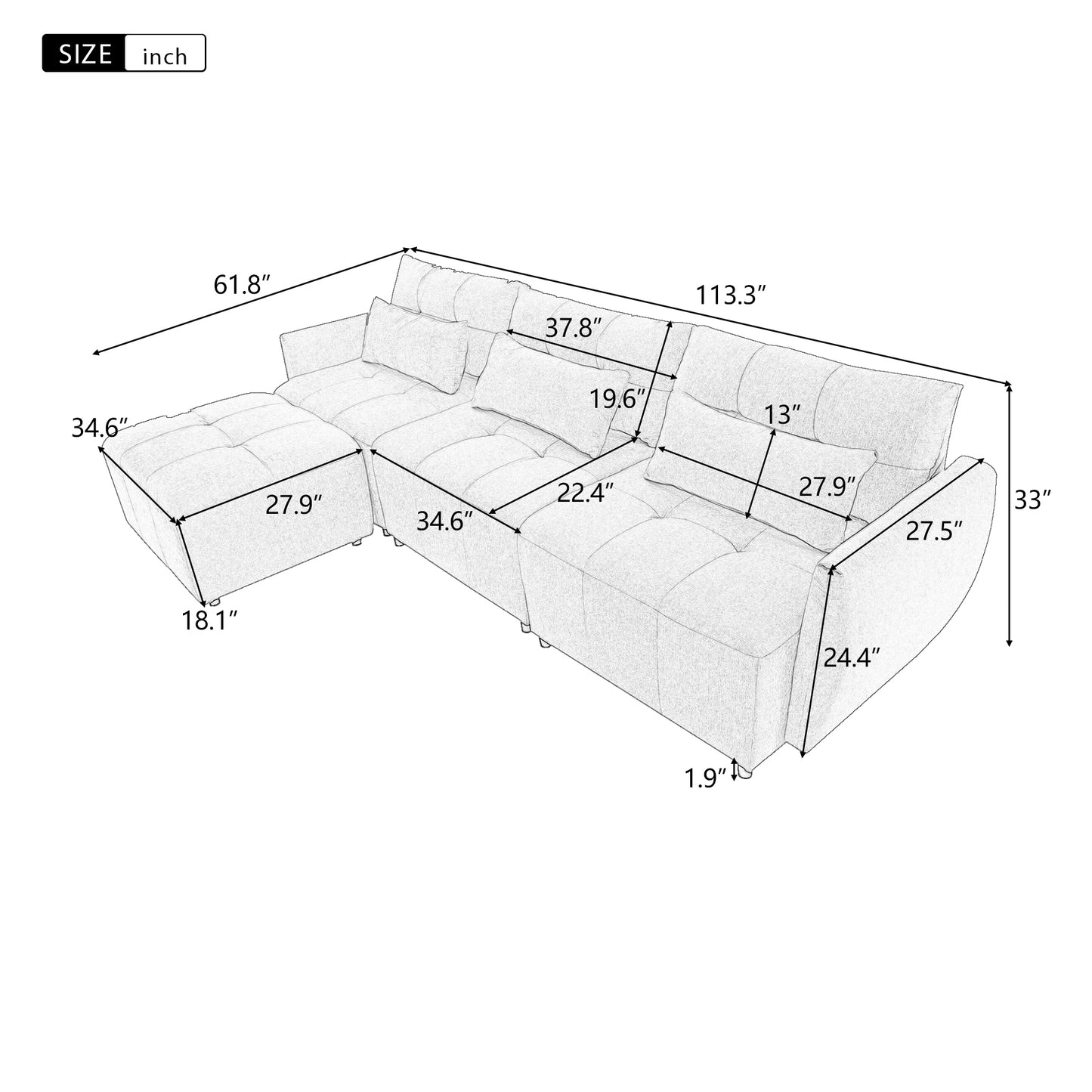 113.3" Convertible Sectional Sofa Couch 3-Seat L-Shaped Sofa with Movable Ottoman and USB for Apartment, Living Room, Bedroom, Beige