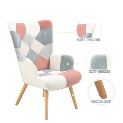 Accent Chair with Ottoman, Living Room Chair and Ottoman Set, Comfy Side Armchair for Bedroom, Creative Splicing Cloth Surface