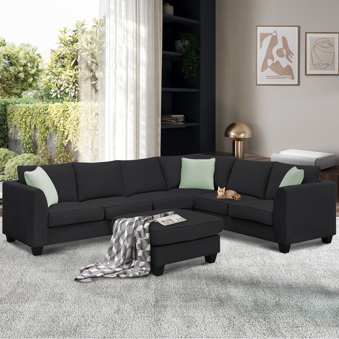 112*87" Sectional Sofa Couches Living Room Sets, 7 Seats Modular Sectional Sofa with Ottoman, L Shape Fabric Sofa Corner Couch Set with 3 Pillows, Black