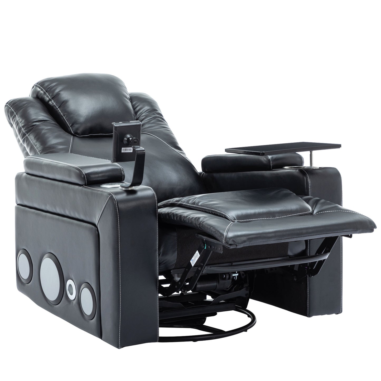 270 Degree Swivel PU Leather Power Recliner Individual Seat Home Theater Recliner with Surround Sound, Cup Holder, Removable Tray Table, Hidden Arm Storage for Living Room, Black