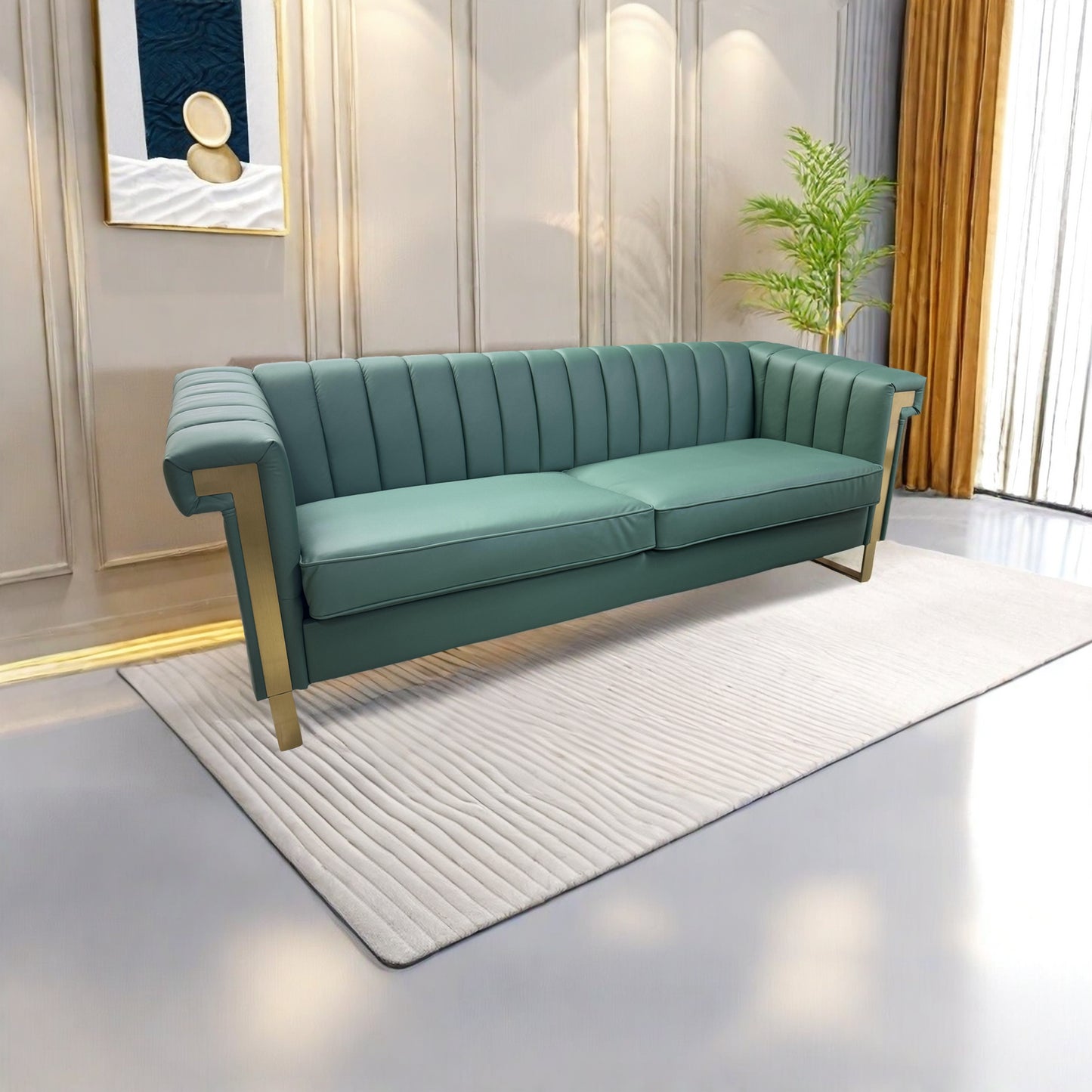 SOFA Modern Green PU Sofa with Gold Accents - Sleek Channel-Tufted Upholstery, 3-Seat Couch for Living Room and Office Decor