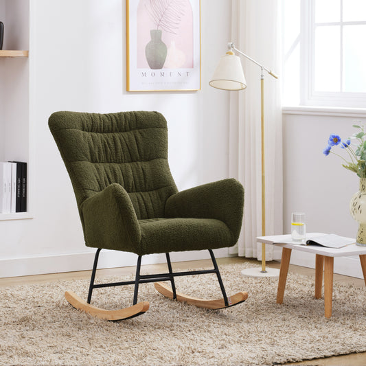 Rocking Chair, Teddy Upholstered Glider Rocker, Rocking Accent Chair with High Backrest, Comfy Rocking Accent Armchair for Living Room, Bedroom, Offices, DARK GREEN