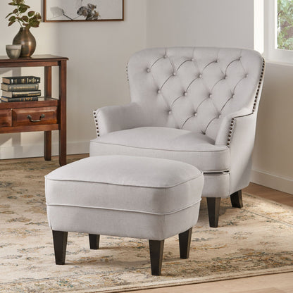 Contemporary Light Grey Fabric Club Chair and Ottoman Set, Stylish Upholstered Armchair with Matching Ottoman, Ideal for Modern Living Room Comfort and Style