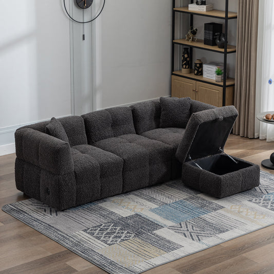 87.7" Sectional Sofa Cozy Teddy Fleece Fabric Sectional Sofa Couch with Two USB Ports a Movable Storage Ottoman and Two Lumbar Pillows for Living Room, Gray