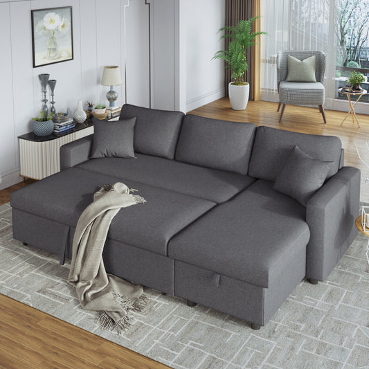 U_STYLE Upholstery Sleeper Sectional Sofa Grey with Storage Space, 2 Tossing Cushions