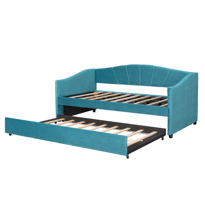 Upholstered Daybed Sofa Bed Twin Size With Trundle Bed and Wood Slat,Blue