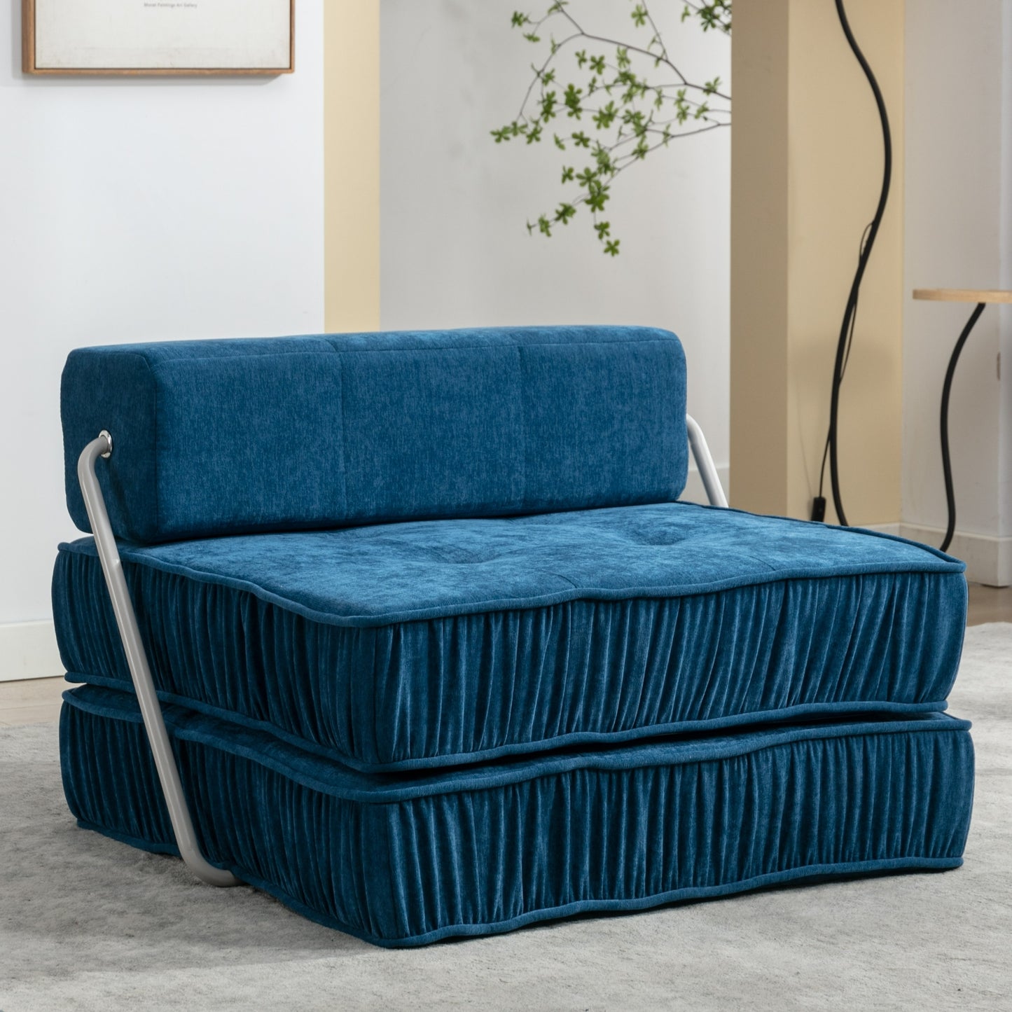 Folding Sofa Bed, Futon Sleeper Chair, Convertible Chair Floor Couch & Sleeping Mattress for Living Room, Guest Room, Home Office, Apartment, Small space, Bed, Removable Back Cushion, Blue, 1 Seat