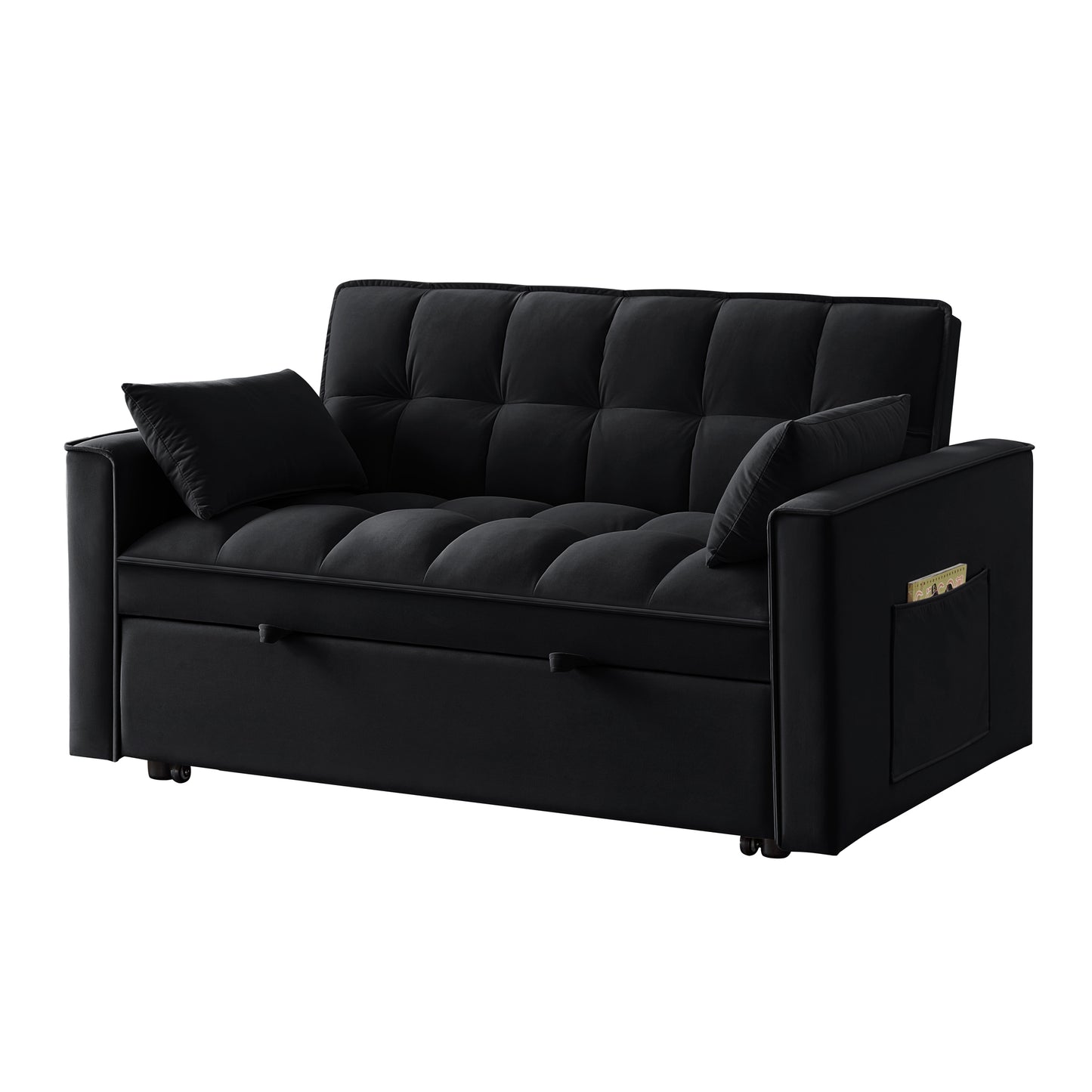 4 in1 Loveseat Sofa Bed with Armrests & Storage Pockets, Multi-Function Tufted Pull-out Sofa Bed with Adjustable Backrest and Pillows, Convertible Loveseat Sofa Couch,Black