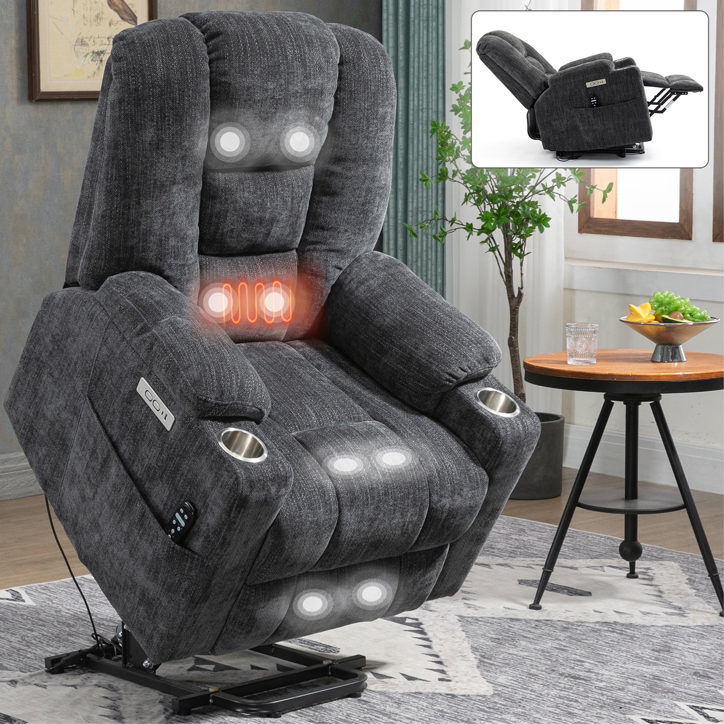 Large Power Lift Recliner Chair with Massage and Heat for Elderly, Overstuffed Wide Recliners, Heavy Duty Motion Mechanism with USB and Type C Ports, 2 Steel Cup Holders, Gray