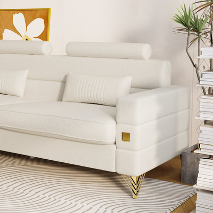 Elegant White Imitation wool circle fabric Sofa with Adjustable Headrests - Contemporary 3-Seat Couch with Gold Legs, Perfect for Living Room and Office Decor