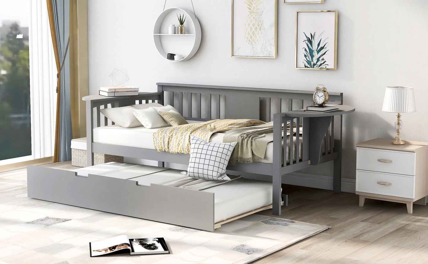 Wooden Daybed with Trundle Bed, Sofa Bed for Bedroom Living Room, Gray