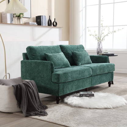 Mid Century Modern chenille Fabric Loveseat sofa, 2-Seat Upholstered Loveseat Sofa Modern Couch for Living Room,Brown wood feet sofa for Bedroom, Reading (Emerald Chenille)