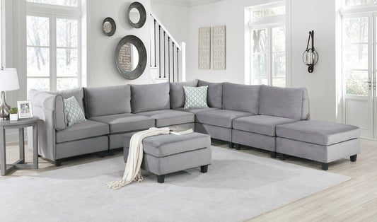 120" Gray Velvet 8Pc Modular Sectional Sofa