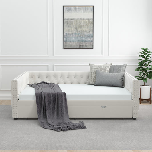 Daybed with Trundle Velvet Upholstered Tufted Sofa Bed, with Button and Copper Nail onSquare Arms,Full Daybed & Twin Trundle- For Bedroom, Living Room, Guest Room,(83"x57"x26")