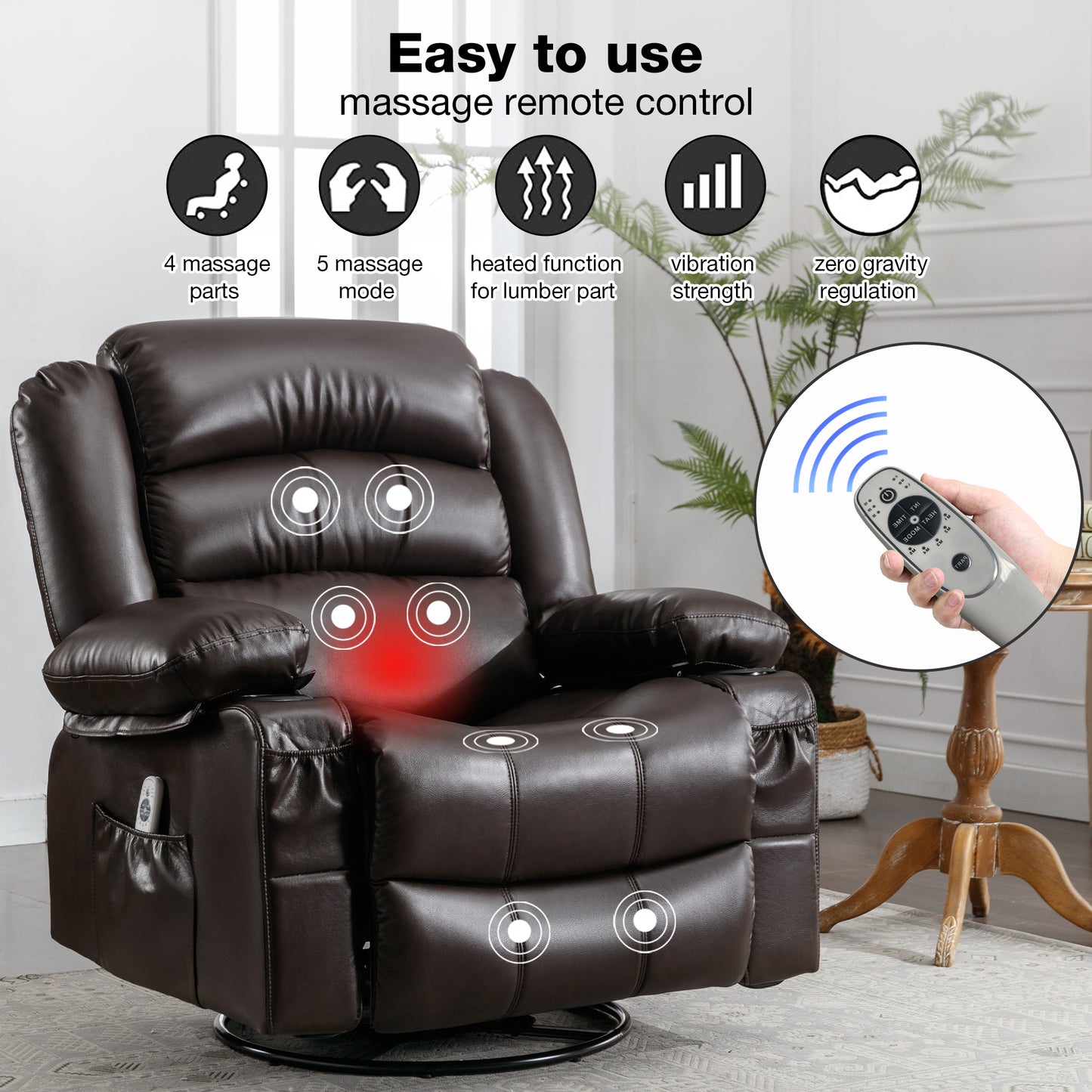 Massage Swivel Rocker Recliner Chair with Vibration Massage and Heat Ergonomic Lounge Chair for Living Room with Rocking Function and Side Pocket  2 Cup Holders USB Charge Port,BROWN