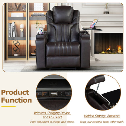 PU Leather Power Recliner Home Theater Recliner with Power Adjustable Headrest, Wireless Charging Device, USB Port, Storage Arms, Cup Holder and Swivel Tray Table for Living Room, Brown