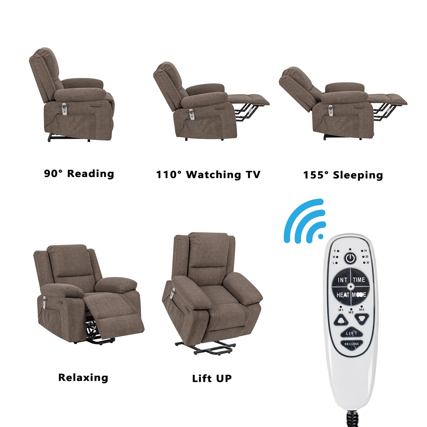 Electric Power Recliner Chair With Massage For Elderly,Remote Control Multi-function Lifting, Timing, Cushion Heating Chair With Side Pocket Brown