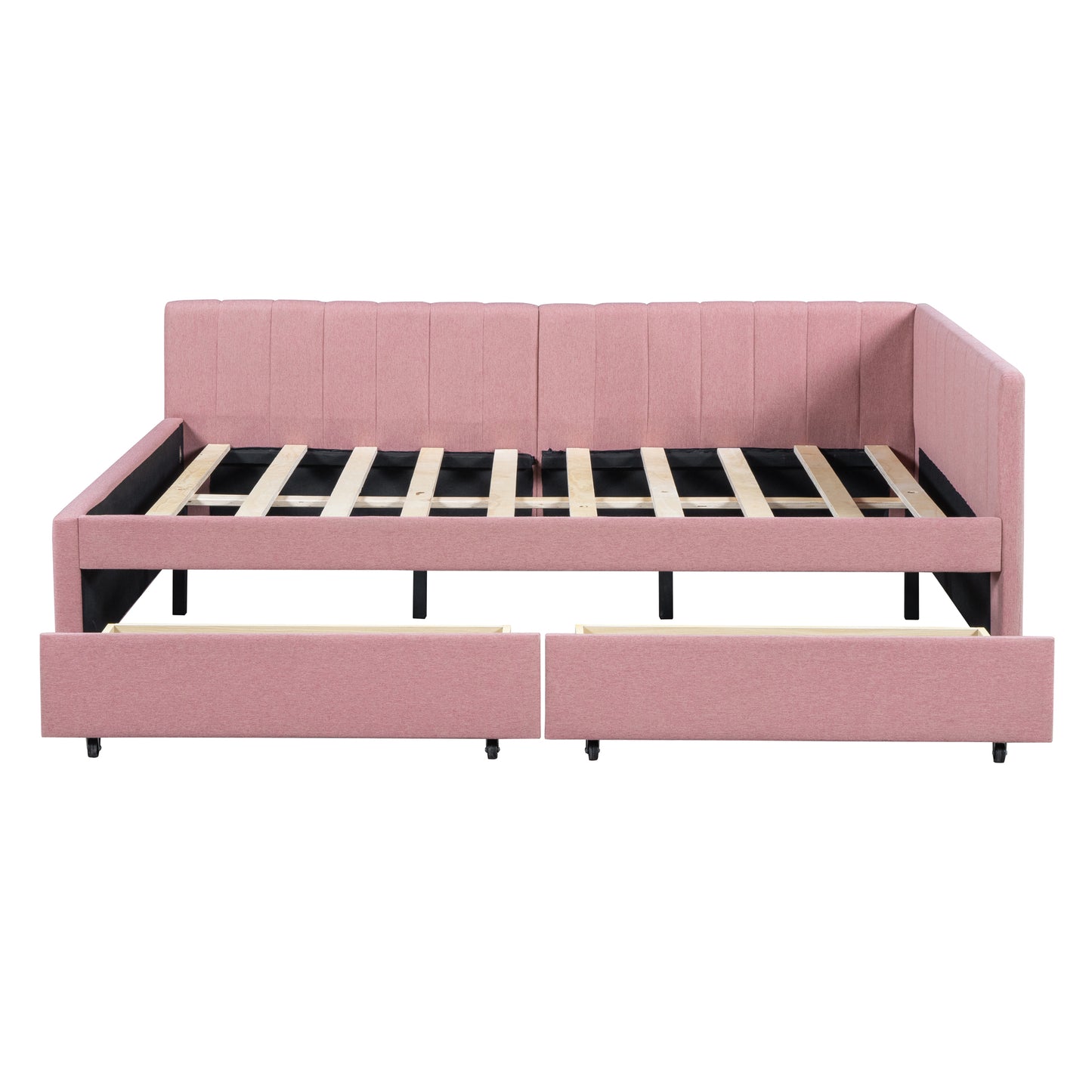 Full Size Upholstered Daybed with 2 Storage Drawers Sofa Bed Frame No Box Spring Needed, Linen Fabric (Pink)