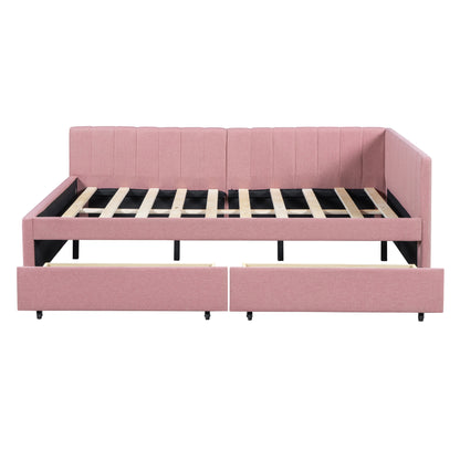 Full Size Upholstered Daybed with 2 Storage Drawers Sofa Bed Frame No Box Spring Needed, Linen Fabric (Pink)