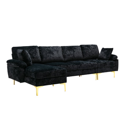 U-shape sectional sofa with Ottoman, Reversible Sofa Couch for Living Room,Spacious Furniture,Durable Couch Removable and machine washable cover (Black Velvet)