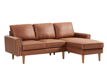 82.2"L-Shape Sofa Couch with Chais Mid-Century Copper Nail on Arms,strong wooden leg and suede fabric design that will complement any living space.Right Chaise, Brown