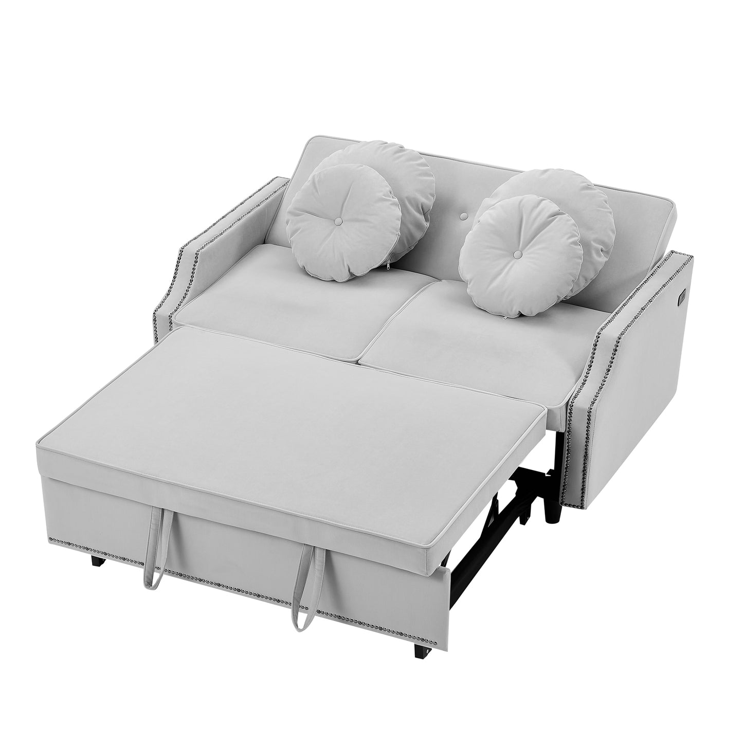 54.7" Multiple Adjustable Positions Sofa Bed Stylish Sofa Bed with a Button Tufted Backrest, Two USB Ports and Four Floral Lumbar Pillows for Living Room, Bedroom,or Small Space, Light Grey