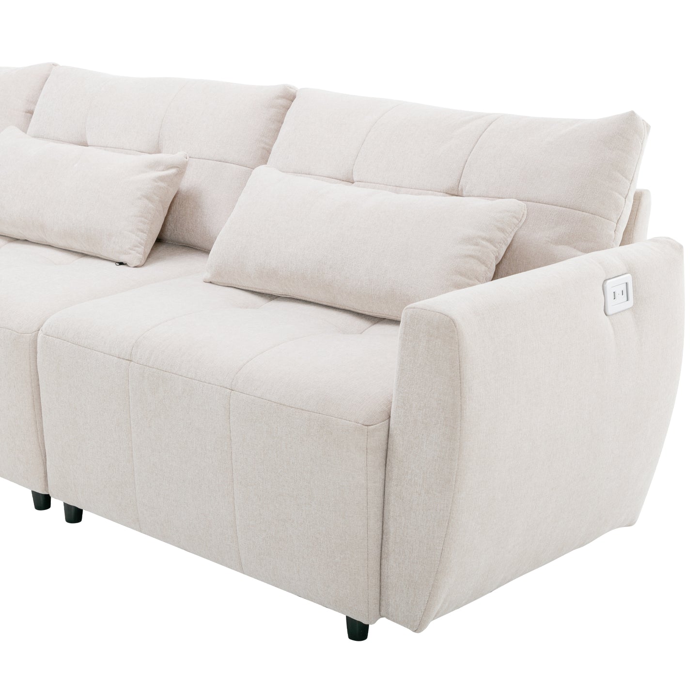 113.3" Convertible Sectional Sofa Couch 3-Seat L-Shaped Sofa with Movable Ottoman and USB for Apartment, Living Room, Bedroom, Beige