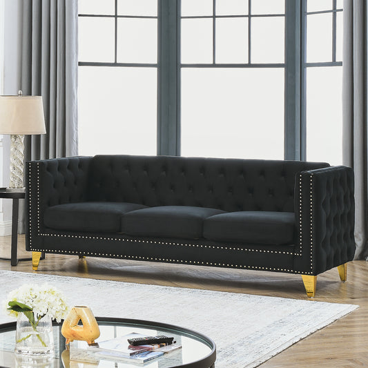 Velvet Sofa for Living Room,Buttons Tufted Square Arm Couch, Modern Couch Upholstered Button and Metal Legs, Sofa Couch for Bedroom, Black Velvet(W834S00022)