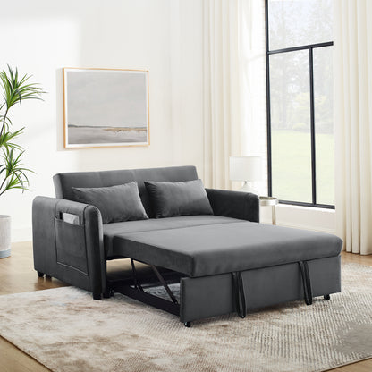 Convertible Sofa Bed, 3-in-1 Versatile Velvet Double Sofa with Pullout Bed, Seat with Adjustable Backrest, Lumbar Pillows, and Living Room Side Pockets, 54 Inch, Grey