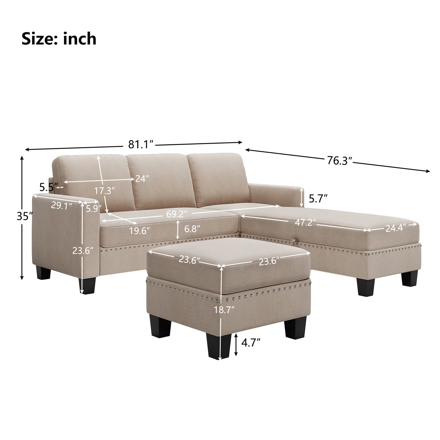 81.1*76.3*35" Reversible Sectional Couch with Storage Ottoman L-Shaped Sofa,Sectional Sofa with Chaise,Nailheaded Textured Fabric 3 pieces Sofa Set,Warm Grey