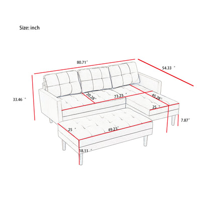 GREY Fabric Right Facing Sectional Sofa Bed, L-shape Sofa Chaise Lounge with Ottoman Bench