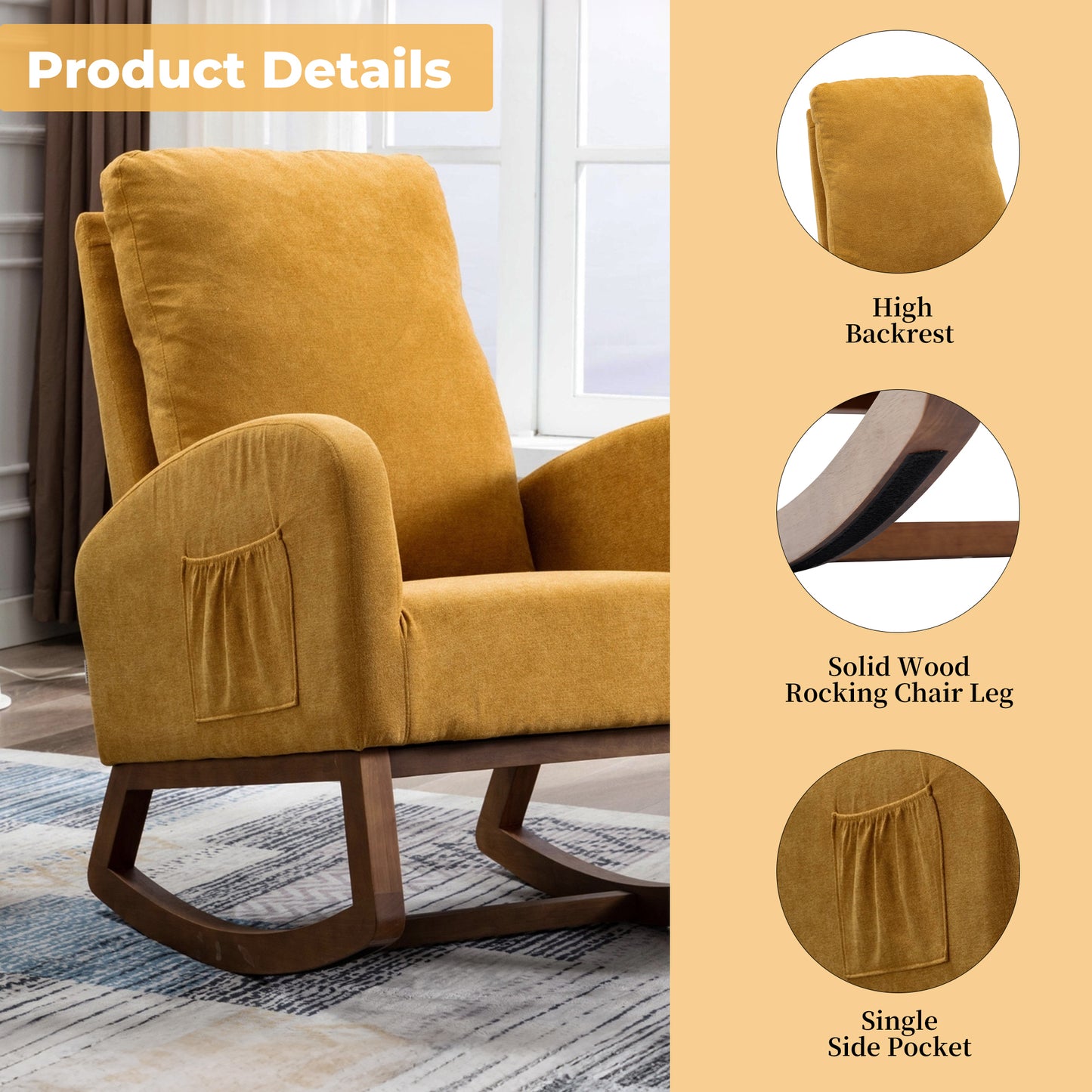 Rocking Chair, Modern Glider Chair, Recliner Armchair with Wood Legs and Side Pocket, Nursery Rocking Accent Chair with High Back for Living Room Bedroom (Mustard Yellow linen)