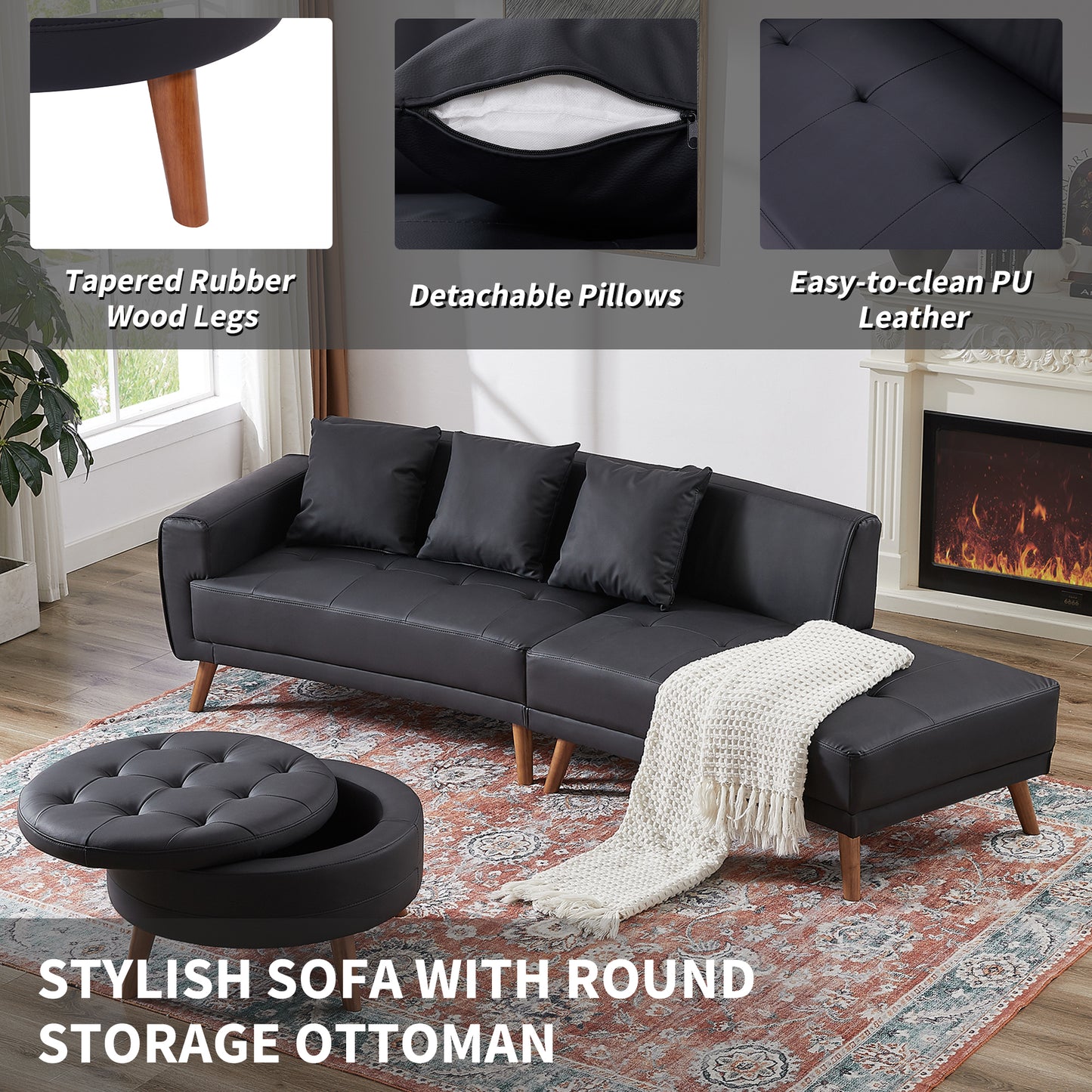 107" Contemporary Sofa Stylish Sofa Couch with a Round Storage Ottoman and Three Removable Pillows for Living Room, Black