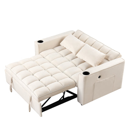 58" 4-1 Multi-functional Sofa Bed with Cup Holder and USB Port for Living Room or Apartments Milky White