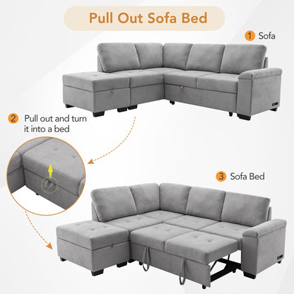 Sleeper Sectional Sofa, L-Shape Corner Couch Sofa-Bed with Storage Ottoman & Hidden Arm Storage & USB Charge for Living Room Apartment, Gray