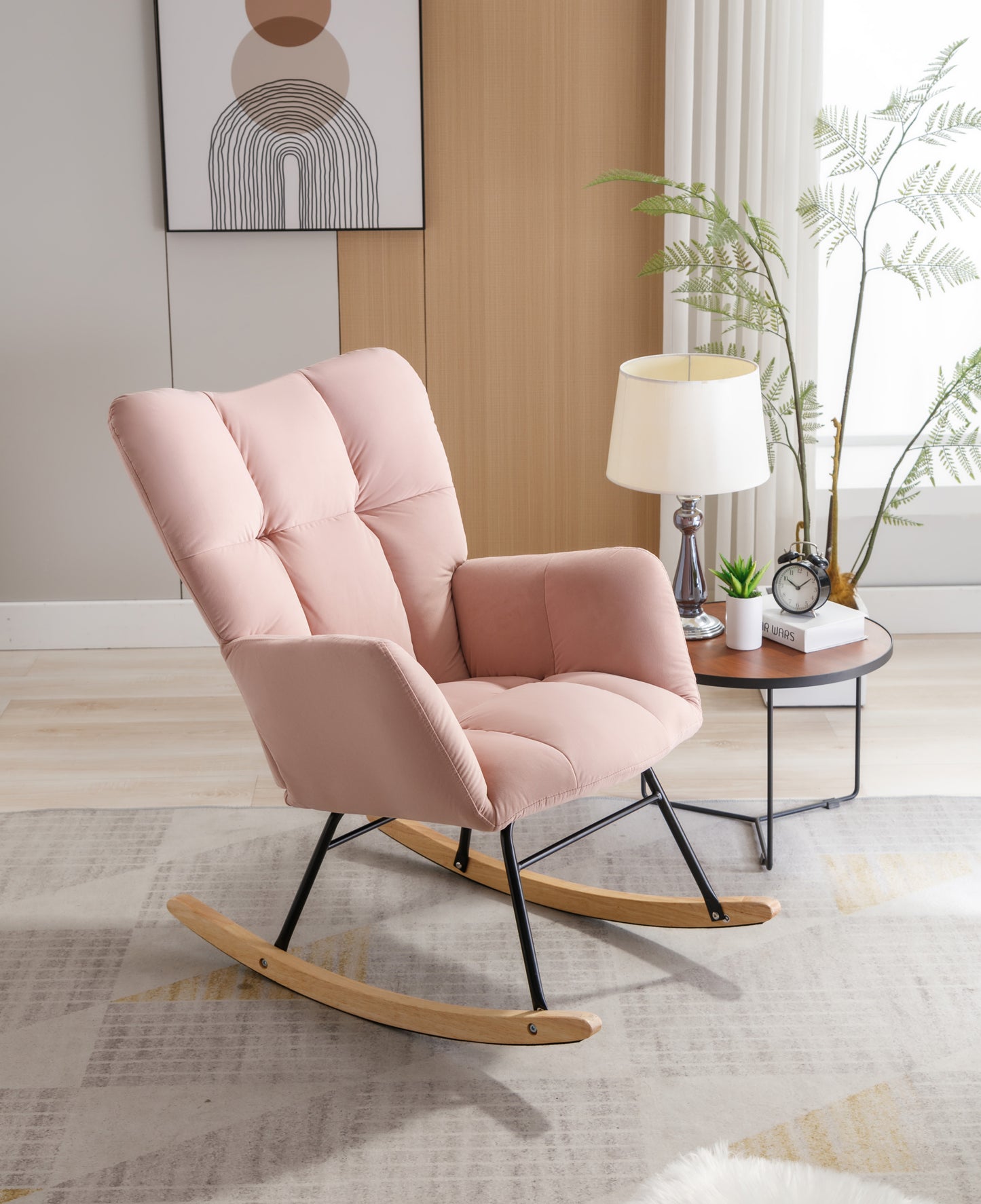 Mid Century Modern Velvet Tufted Upholstered Rocking Chair Padded Seat for Living Room Bedroom, Pink